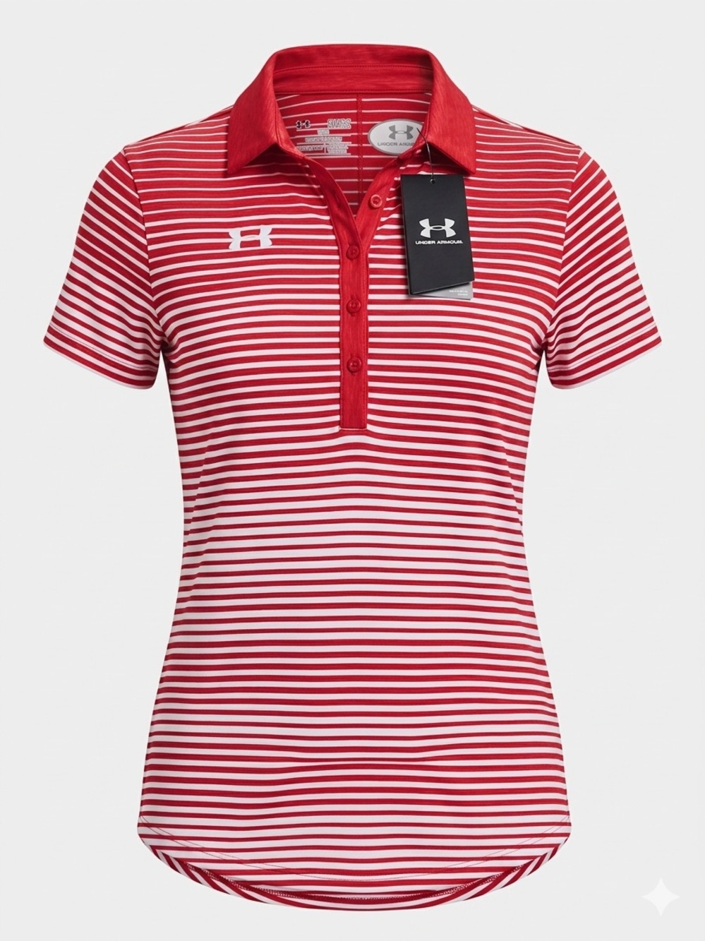 Under Armour Women’s Red and White Striped Button-Down Polo